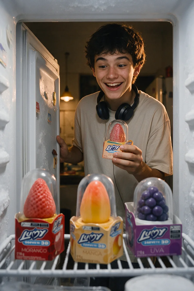 Jovem abrindo o freezer de casa e encontrando os sorvetes Lumy